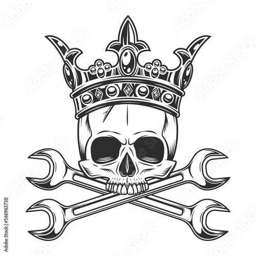Vintage half skull in royal crown with body shop service car and truck mechanic repair tool crossed wrench or construction for gas and builder plumbing pipe spanner illustration