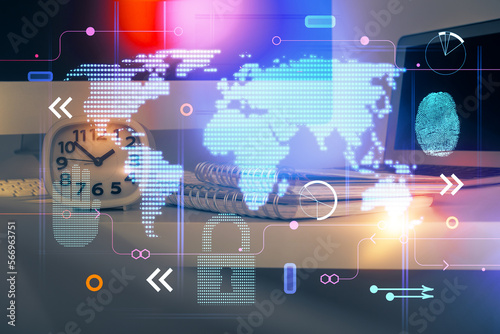 Multi exposure of table with computer and world map hologram. International data network concept.