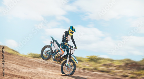 Motorcross, offroad driving and sports on sky for freedom. Driver, cycling and power on dirt track, motorcycle competition and motorbike performance on adventure course, fast action show and speed