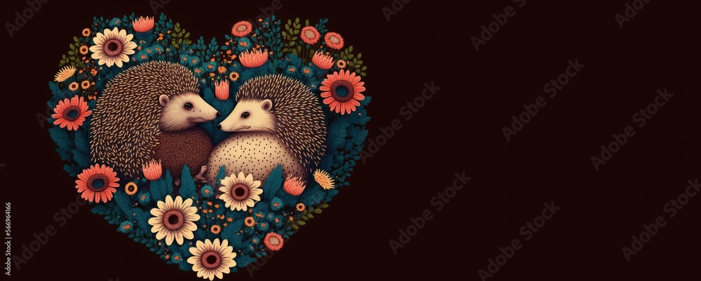 Hedgehog Love: A Valentine's Day Heartwarming Illustration, copy space generative ai