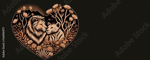 Lion Love: A Valentine's Day Heartwarming Illustration, copy space generative ai