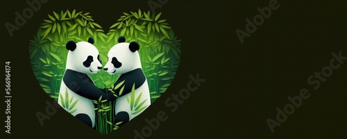 Two pandas cuddled up together, surrounded by a heart made of bamboo shoots copy space, generative ai