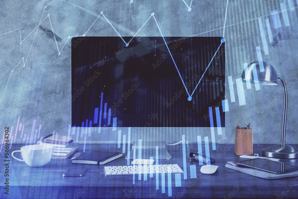 Financial market graph hologram and personal computer on background. Double exposure. Concept of forex. Financial market graph hologram and personal computer on background. Double exposure. Concept of forex.
