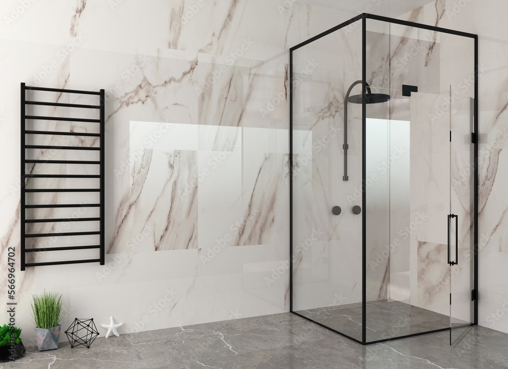 Modern white glass shower room with led - obrazy, fototapety, plakaty 