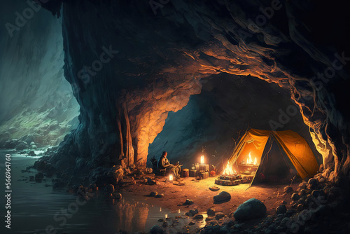 camping in the cave.Generative Ai