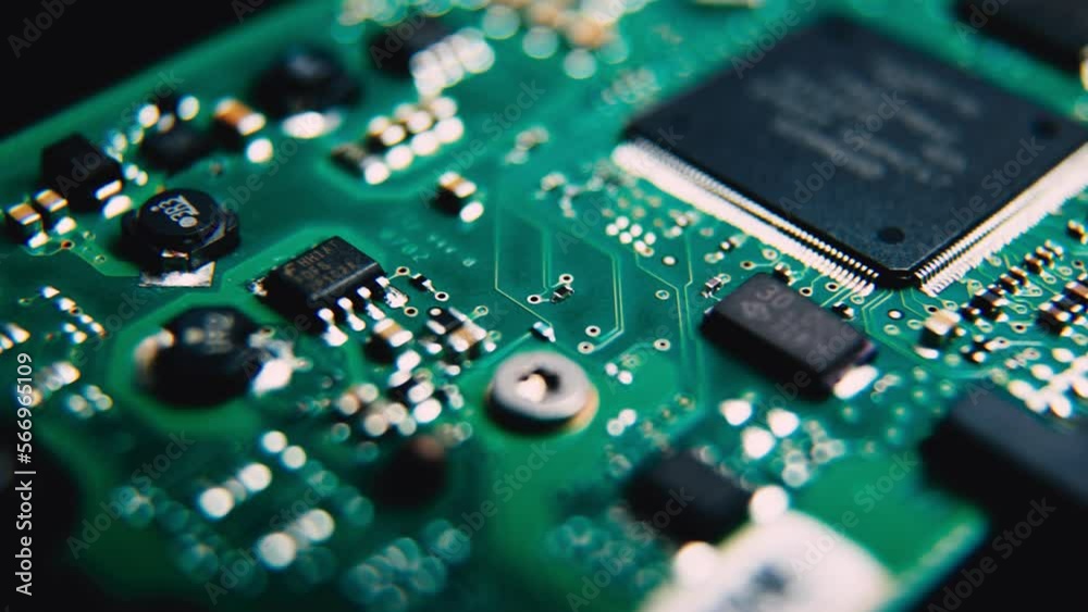Macro dolly shot side view of a computer electrical circuit with cip, slots, microchip and microprocessors, black board with transistors and microchips. Close up detail of electronic components on PC.