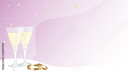 A delicate wedding background with a purple gradient, two glasses of champagne and wedding rings, covered with a light translucent veil with sequins. Vector illustration