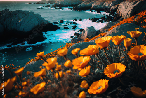 yellow flowers bloom over mountains by the shore.Generative Ai © Shades3d