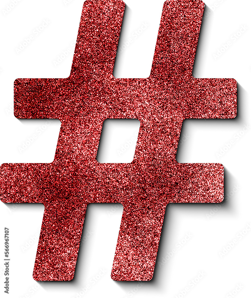 Fototapeta premium Red glitter hashtag sign with shadow. Red glitter 3d hashtag icon.