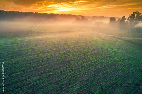 Early foggy morning. Sunrise in the countryside. Aerial view of the countryside in autumn