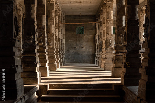 A pillared hall in an ancient Hindu temple in the town of Kumbakonam in Tamil Nadu.