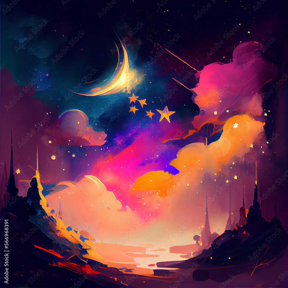 beautiful sky with stars, moon and clouds in colors full of color