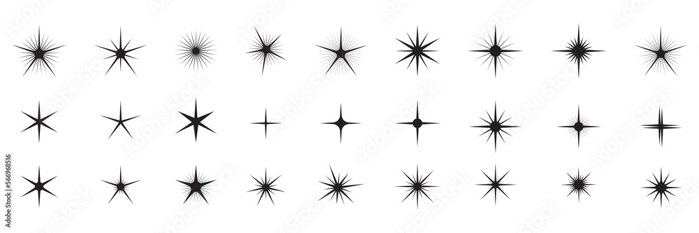 Star icons. Twinkling stars. Symbols of sparkle, glint, gleam, etc. Christmas vector symbols isolated white background.