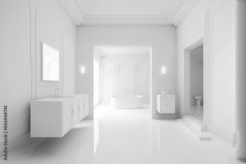 interior of a stark white modern bathroom.  Clean white world concept. Post-processed digital AI art