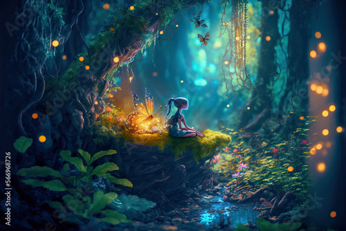 Little fairy in an enchanted magical forest. Post-processed digital AI art	
