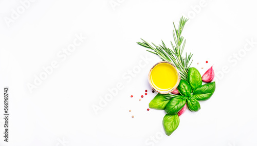 Fresh spicy herbs and spices for mediterranean diet. Banner. Green basil, olive oil, garlic, rosemary and other. Vegan healthy food on white background. Cooking concept, top view, copy space