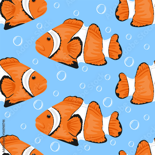 Seamless pattern  with Clownfish (Amphiprion). Marine dweller with colorful body and fins for swimming. Modern print for fabric, textiles, wrapping paper. Vector illustration 