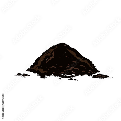 Black soil pile, dirt or humus mound in front view isolated on white background. Flat vector realistic illustration of heaps of organic ground, topsoil or peat photo