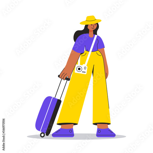 Girl or young woman with suitcase waiting for the boarding and flight with camera isolated on white background, flat travel concept, character in flat style. Vector illustration.