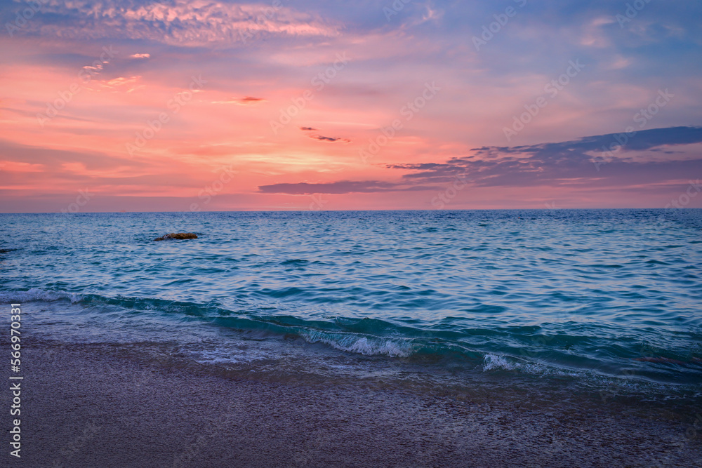 pink sunset on the seashore.