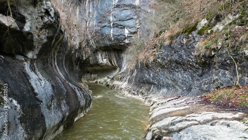 Spectacular gorge geological formation Cheile Banitei, near Petrosani town, Hunedoara county, Romania. Drone footage. photo