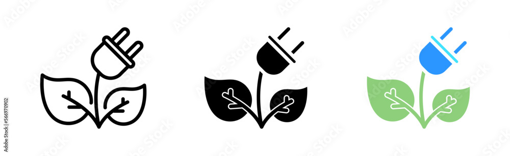 Plug with plant set icon. Household appliances, green energy, electrical engineering,, wire, socket. Electricity concept. Vector icon in line, black and colorful style on white background Plug with plant set icon. Household appliances, green energy, electrical engineering,, wire, socket. Electricity concept. Vector icon in line, black and colorful style on white background