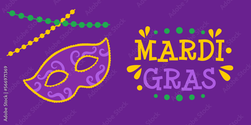Vector Mardi Gras banner with carnival mask, beads and text. Mardi Gras poster on dark purple background. Design for fat tuesday carnival and festival.