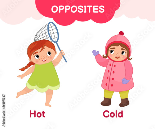 Vector learning material for kids opposites easy difficult. Cartoon illustrations of cute girl in summer clothes with a net and a girl in winter clothes.
