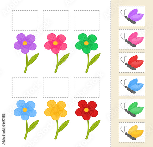 Matching children educational game. Cut out and glue the cards in the correct place. Activity for pre sсhool years kids and toddlers.

