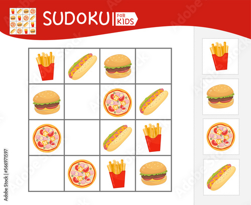 Sudoku game for children with pictures. Kids activity sheet. Vector illustration cartoon household fast food.
