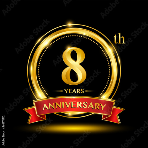 8th Anniversary logo design with golden ring and red ribbon for anniversary celebration event. Logo Vector Template Illustration