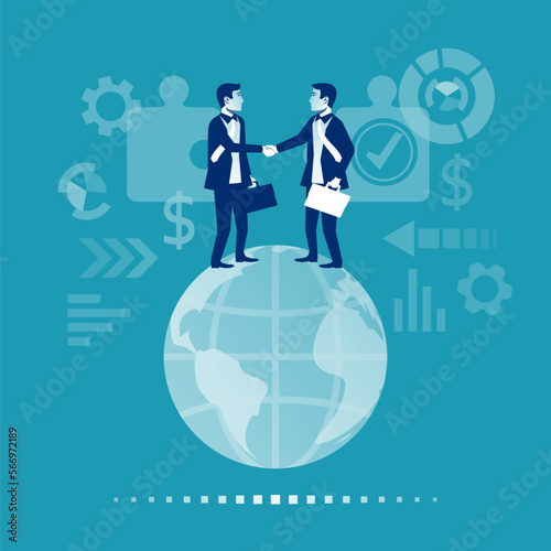 Global partnership. Two businessmen standing on the planet shake hands. Collaboration concept. Global business worldwide. Agreement on earth globe. Vector flat design. Isolated on white background.