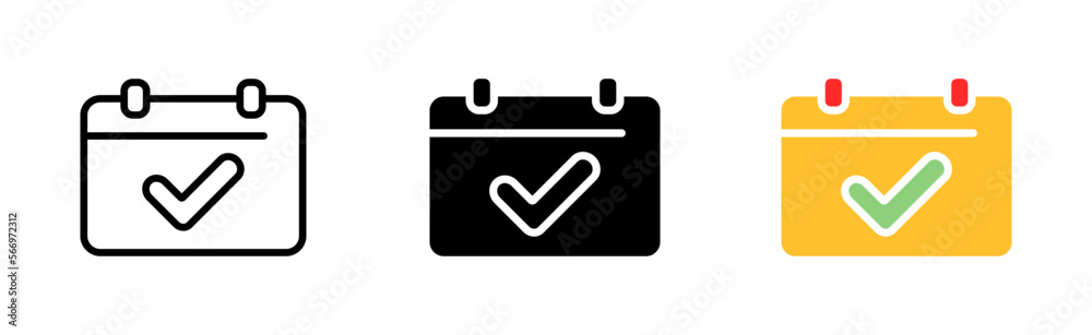 Calendar with tick line icon. Schedule, day, week, month, date, tick, event, holiday, season, season, schedule, reminder, deadline. Vector icon in line, black and colorful style on white background Calendar with tick line icon. Schedule, day, week, month, date, tick, event, holiday, season, season, schedule, reminder, deadline. Vector icon in line, black and colorful style on white background