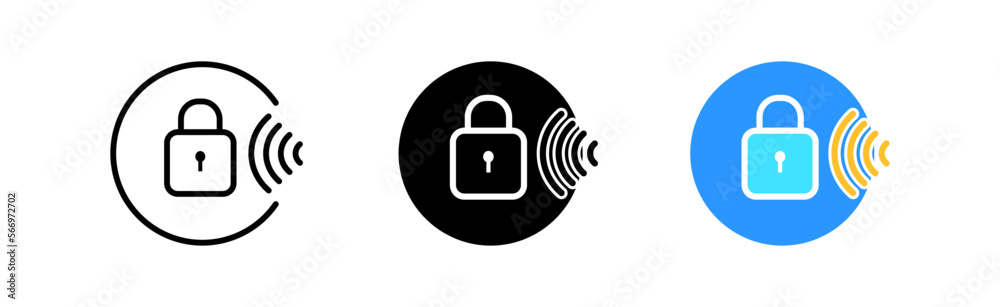 Security line icon. Lock, password, energy, signal, communication, waves, impulse, notification, sign, logo,. Technology concept. Vector icon in line, black and colorful style on white background Security line icon. Lock, password, energy, signal, communication, waves, impulse, notification, sign, logo,. Technology concept. Vector icon in line, black and colorful style on white background