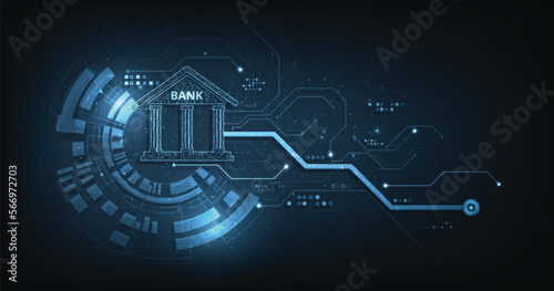 Internet Banking Technology concept.Isometric illustration of the bank on dark blue technology background. Digital connect system. Financial and Banking technology concept.Vector illustration.EPS 10.