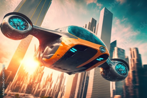 Futuristic car flying above the city, city. Futuristic transport, aerial view. photo