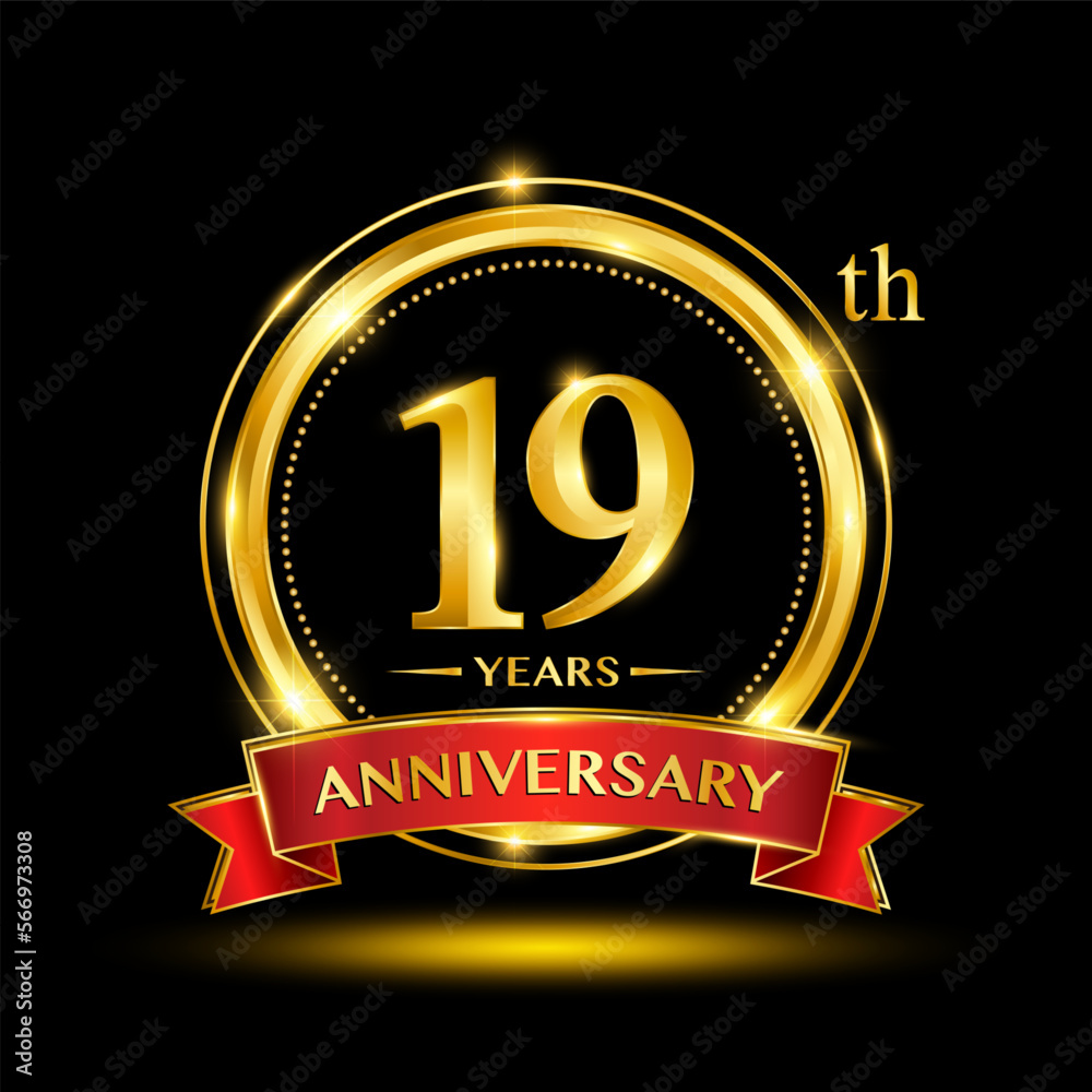 19th Anniversary logo design with golden ring and red ribbon for anniversary celebration event. Logo Vector Template Illustration