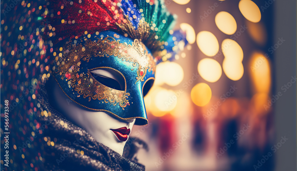 Realistic luxury carnival mask with feathers and mystery person below. Abstract blurred background, gold dust, and light effects. Generative Ai