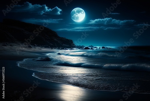 Beautiful night landscape of tropical beach with full moon in the ocean beach. Generative AI