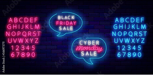Cyber monday sale and black friday neon labels in think cloud. Shiny pink and blue alphabet. Vector illustration
