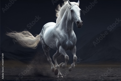 Galloping white horse, in the steppes. White horse run gallop. generative AI 