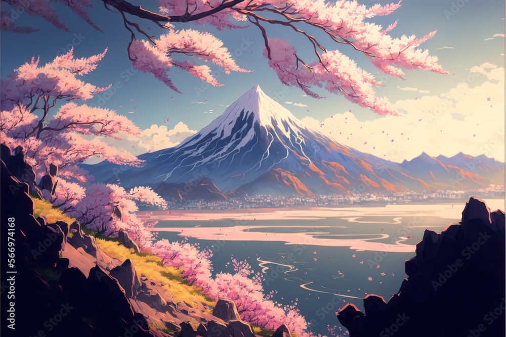 Japanese Snow-capped Mountain with Cherry Blossoms in Anime Style, Mount Fuji-like, Digital Illustration, Concept Art, Generative AI