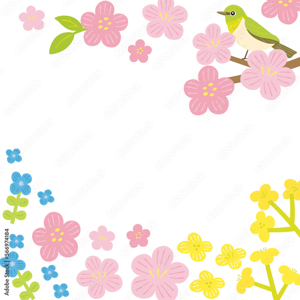 Spring flowers and bird background frame illustration