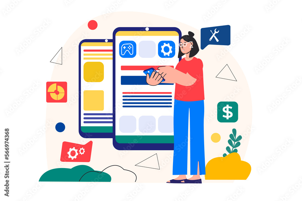 App development concept with people scene in the flat cartoon design. Developer controls the settings of various applications from the phone.