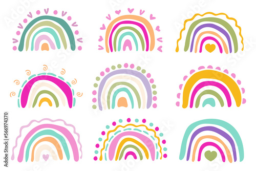 Baby cute set rainbow graphic illustrations. Art cartoon rainbow color brush stroke. Baby design for birthday invitation or baby shower, poster, clothing, nursery wall art and postcard.