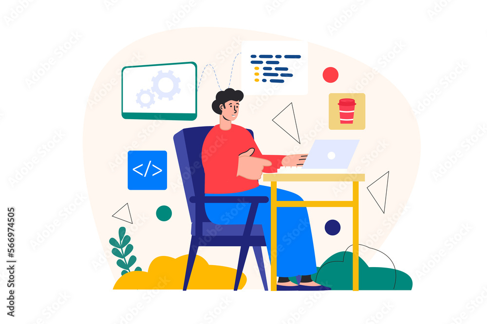 Programmer working concept with people scene in the flat cartoon style. Man writes a code to one of the programs using a programming language.