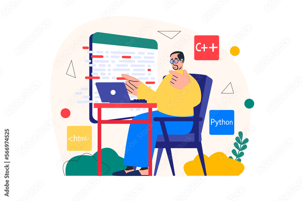 Programmer working concept with people scene in the flat cartoon design. Programmer analyzes the code of the application while sitting at home.