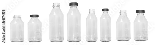 a set of glass bottles of different sizes with a cap, without a cap. Small and large bottles. Empty glass bottles. PNG without background.