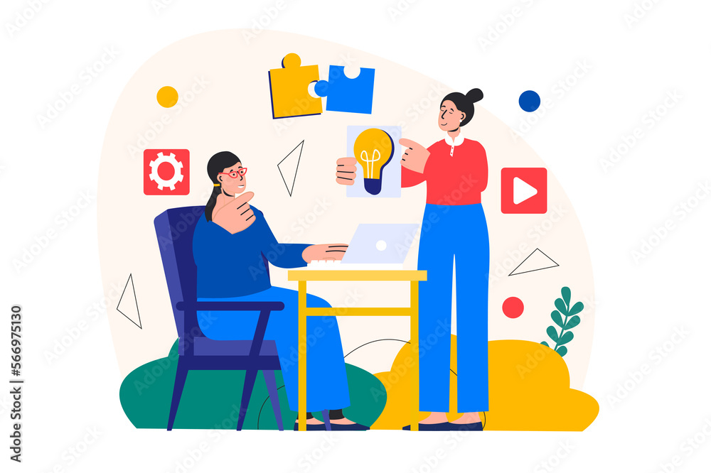 Teamwork concept with people scene in the flat cartoon style. Two girls work together to create new ideas. Teamwork concept with people scene in the flat cartoon style. Two girls work together to create new ideas.
