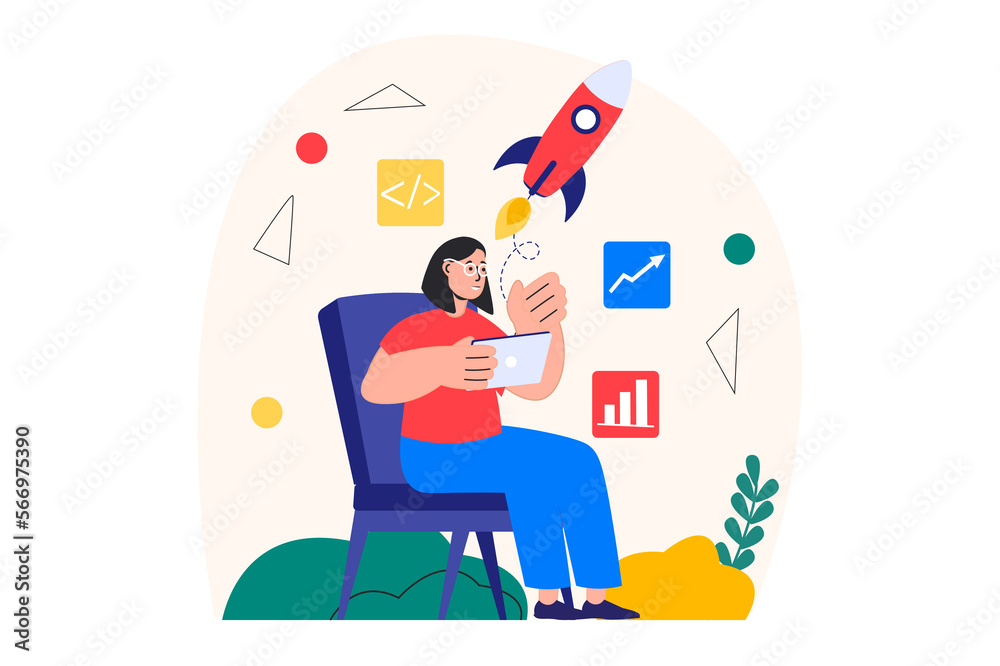 Business startup concept with people scene in the flat cartoon style. Girl is developing a plan for the implementation of her startup.